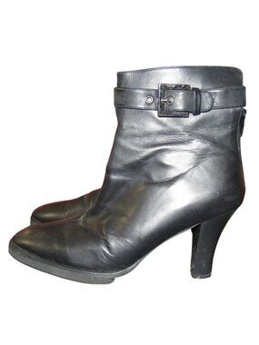 Newport News Easy Style Black Leather Buckle Embellished Heeled Ankle Booties 8